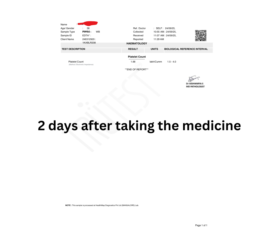 1 and half day after taking medicine. platelets bounced back to 1.6 lakh